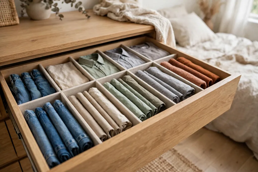 Dresser drawer with dividers holding folded clothes filed upright.