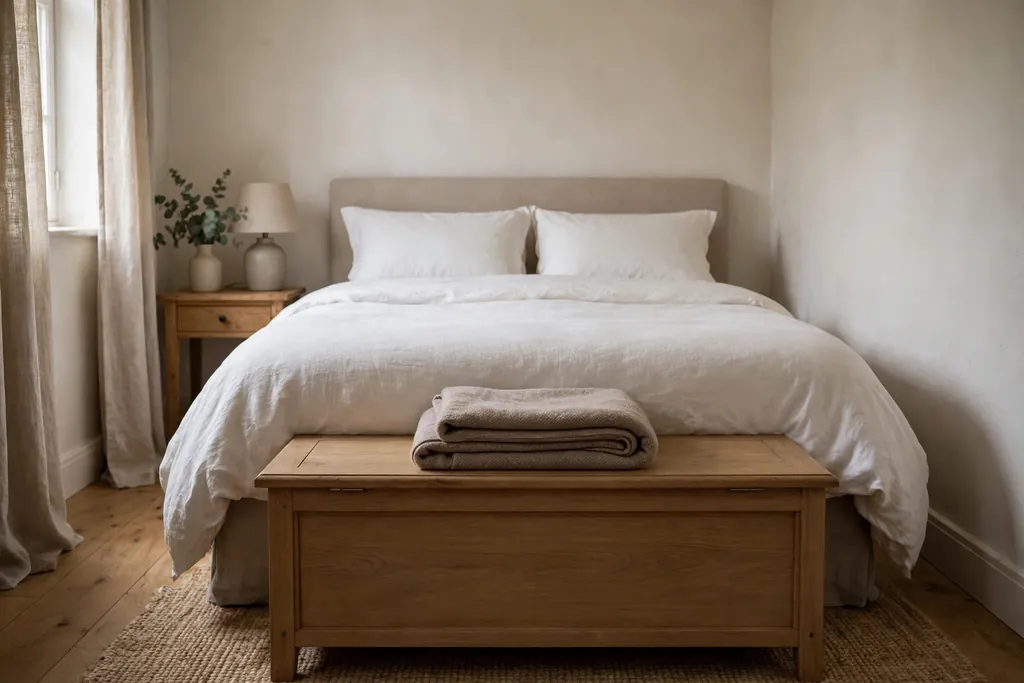 Storage bench at the foot of a bed with a folded throw on top.