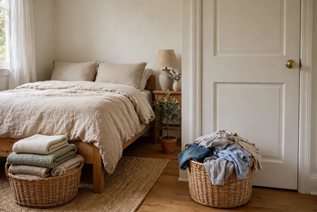 Woven baskets in a small bedroom holding folded throws and laundry.