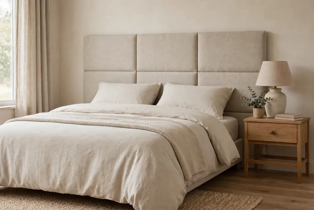 Bedroom with a fabric panel headboard in plain oatmeal behind a bed.