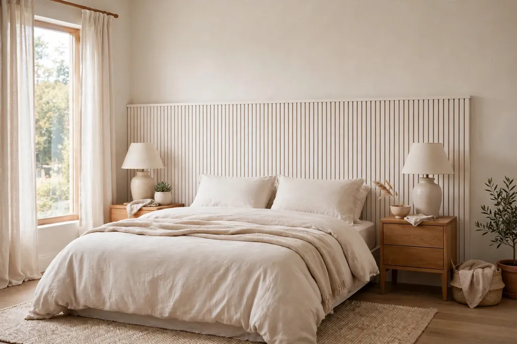 Bedroom with a painted wood slat headboard behind a bed with plain bedding.