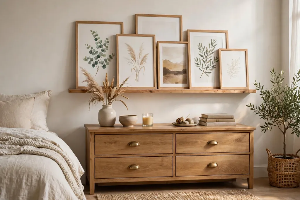 Bedroom picture ledge with leaning framed prints in natural wood frames above a dresser.