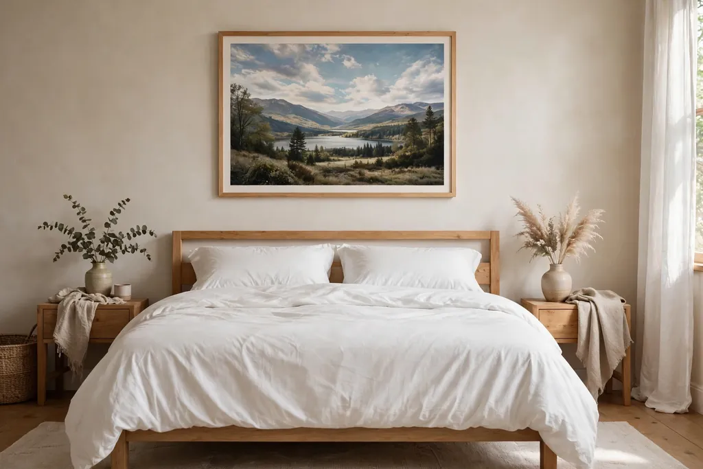 Bedroom with one large framed print above a bed with plain bedding.