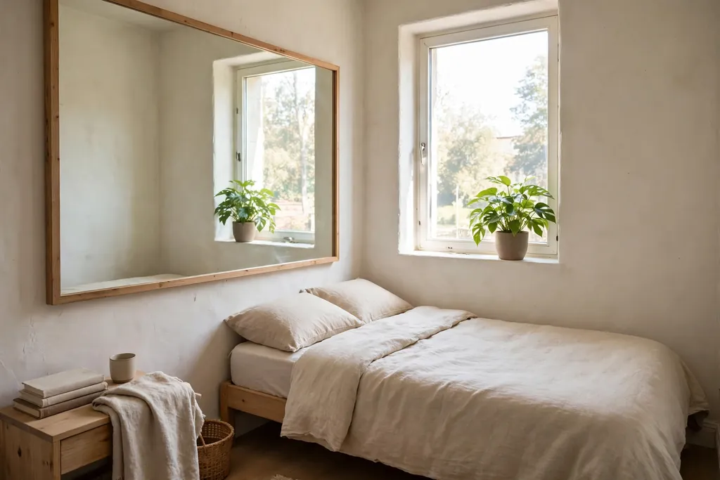 Large mirror opposite a bright bedroom window reflecting daylight and a plant.