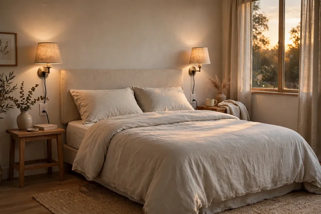 Bedroom with plug in wall sconces beside a bed in warm evening light.