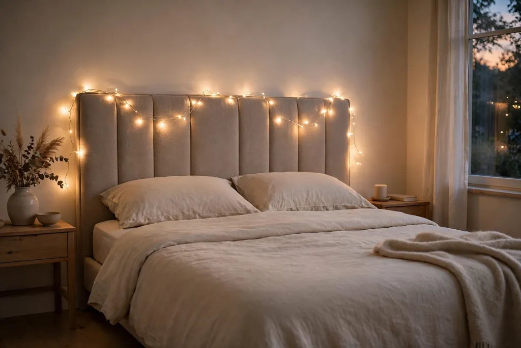 Bedroom headboard with soft warm fairy lights draped along the top.
