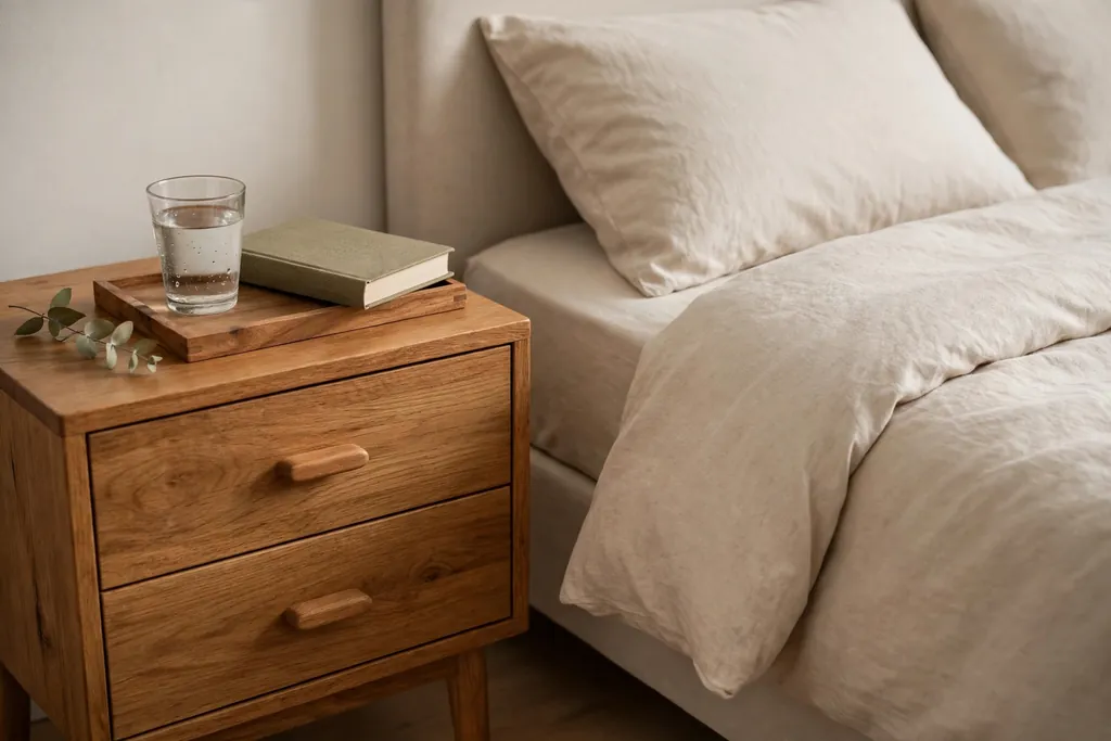 Bedroom nightstand with a small tray holding a glass of water and a book.
