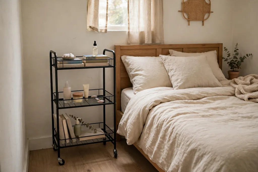 Slim rolling cart beside a bed holding books and skincare items.
