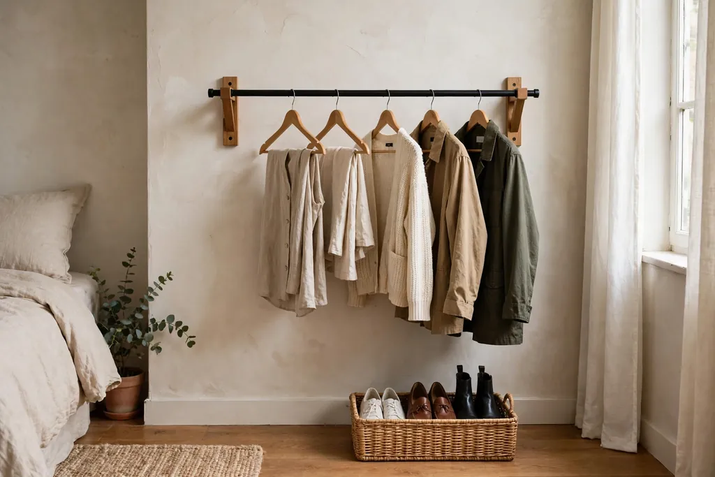 Bedroom side wall with an open clothing rail and a basket below for shoes.