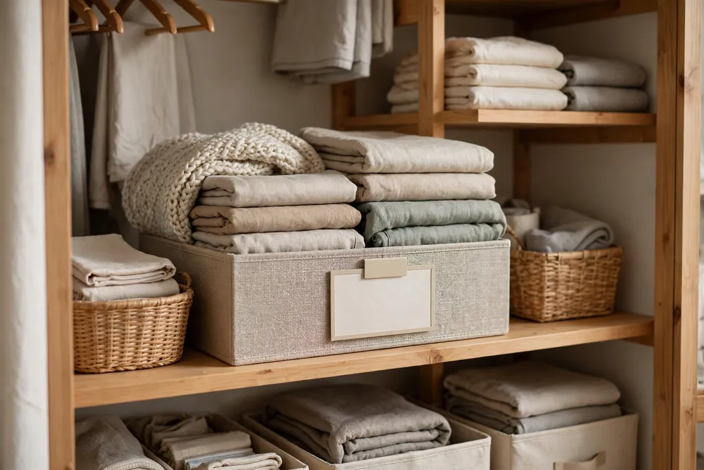 Bedroom closet shelf with a labeled seasonal swap box holding cushion covers and a throw.