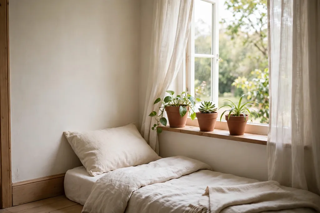 Small bedroom corner with easy plants in plain terracotta pots near a window.