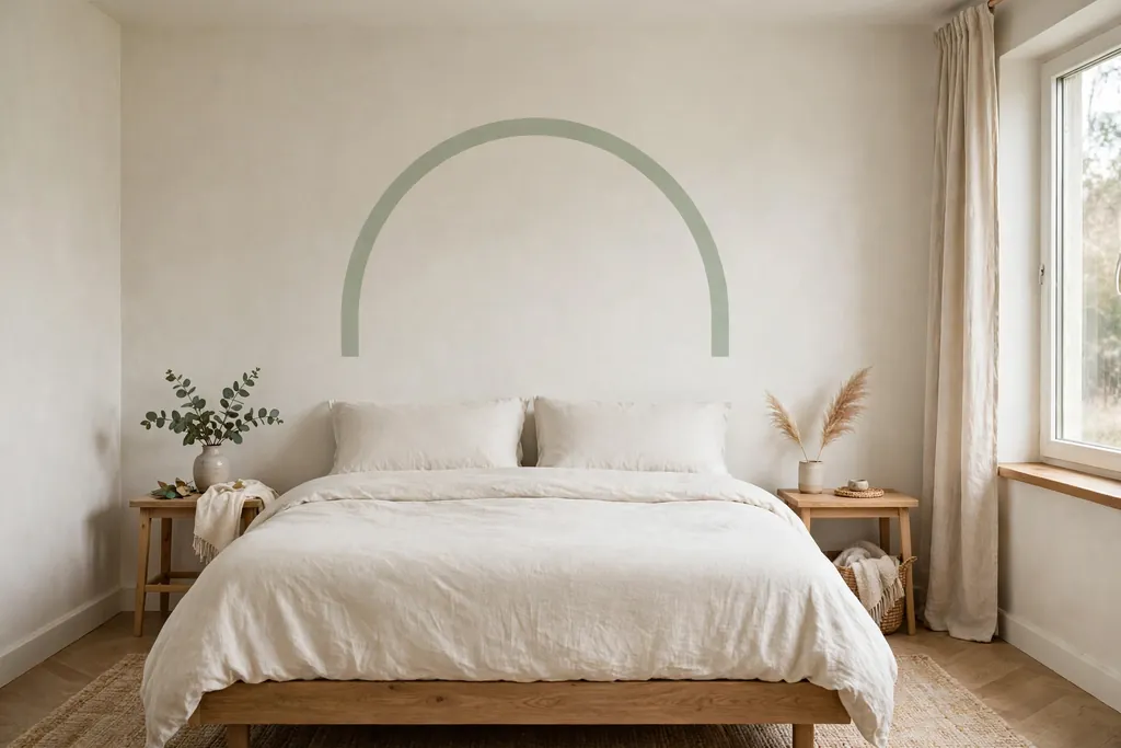 Bedroom wall with a simple removable arch decal above a bed with plain bedding.