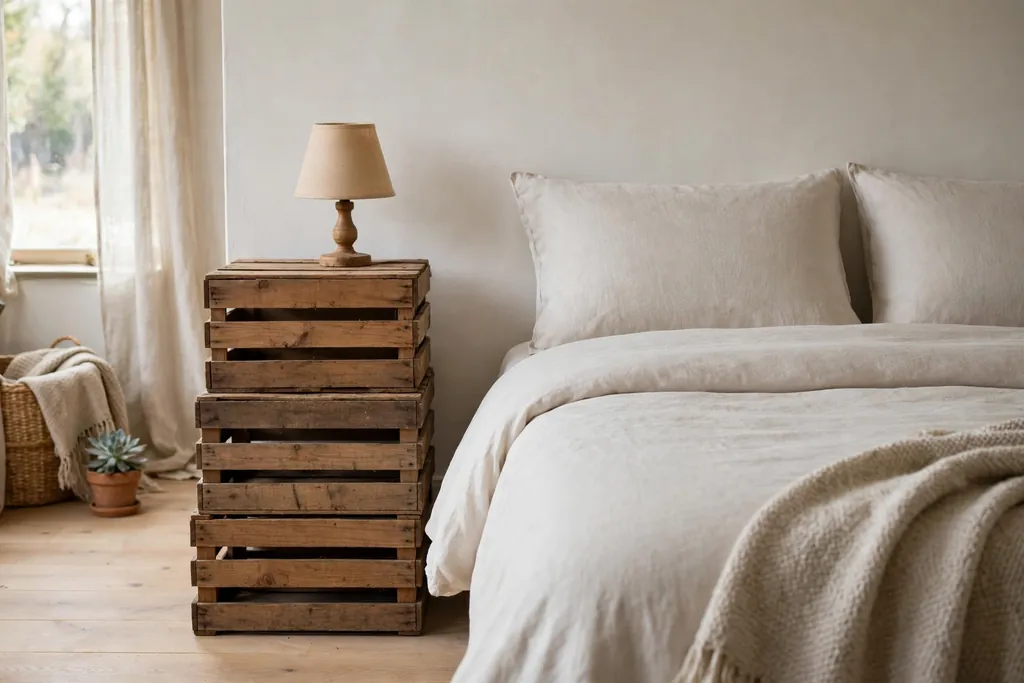 Bedroom with wooden crates used as a nightstand beside a bed with a lamp on top.