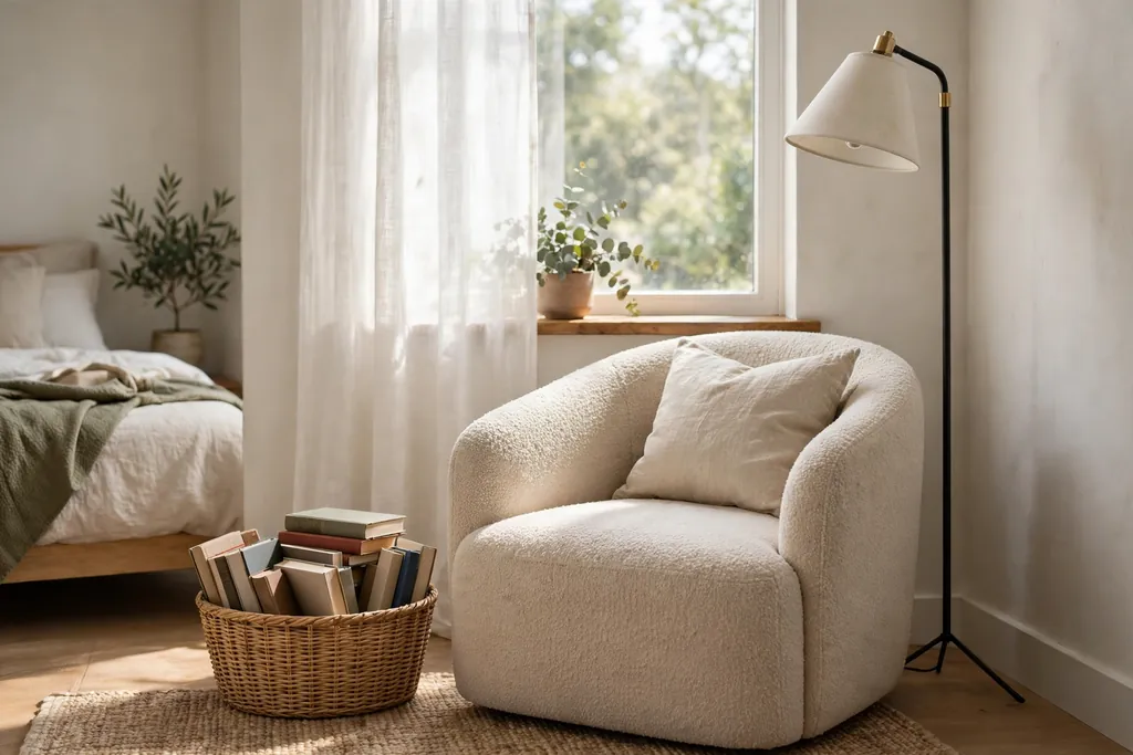 Bedroom reading corner with a chair, a floor lamp, and a basket of books near a window.