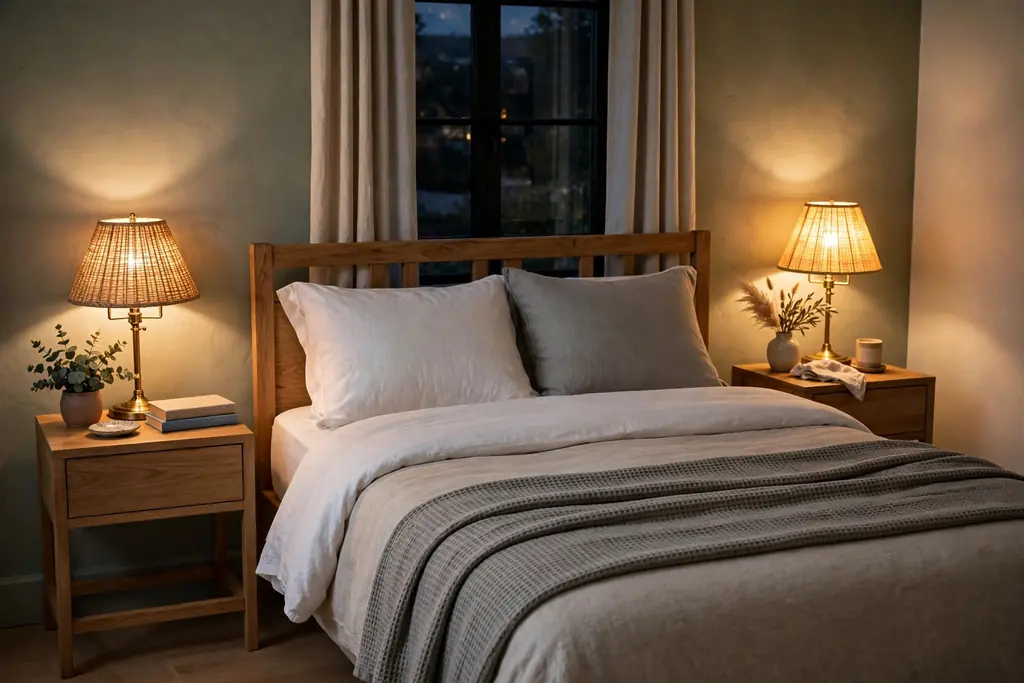 Two bedside tables with matching warm lamps glowing beside a made guest bed in the evening.