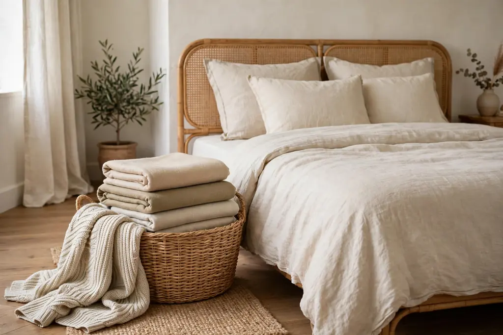 Woven basket with folded extra blankets and a throw beside a guest bed.