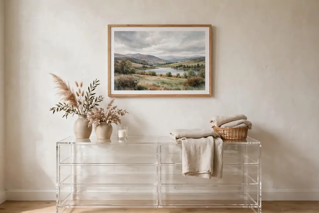 Guest bedroom wall with one calm landscape print in a simple wood frame above a clear dresser.