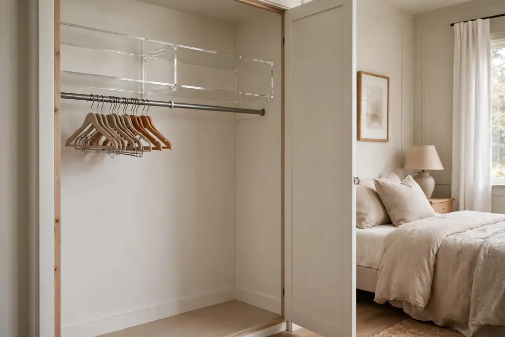Open closet with an empty section of rod, spare hangers, and a clear shelf in a guest bedroom.