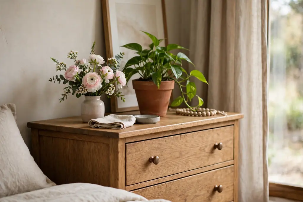 Small vase of fresh flowers on a guest bedroom dresser beside a potted green plant.