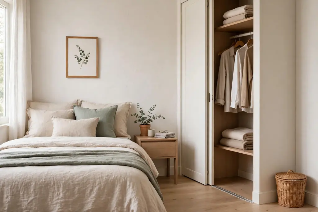 Small lidded hamper basket in the corner of a tidy guest bedroom near the closet.