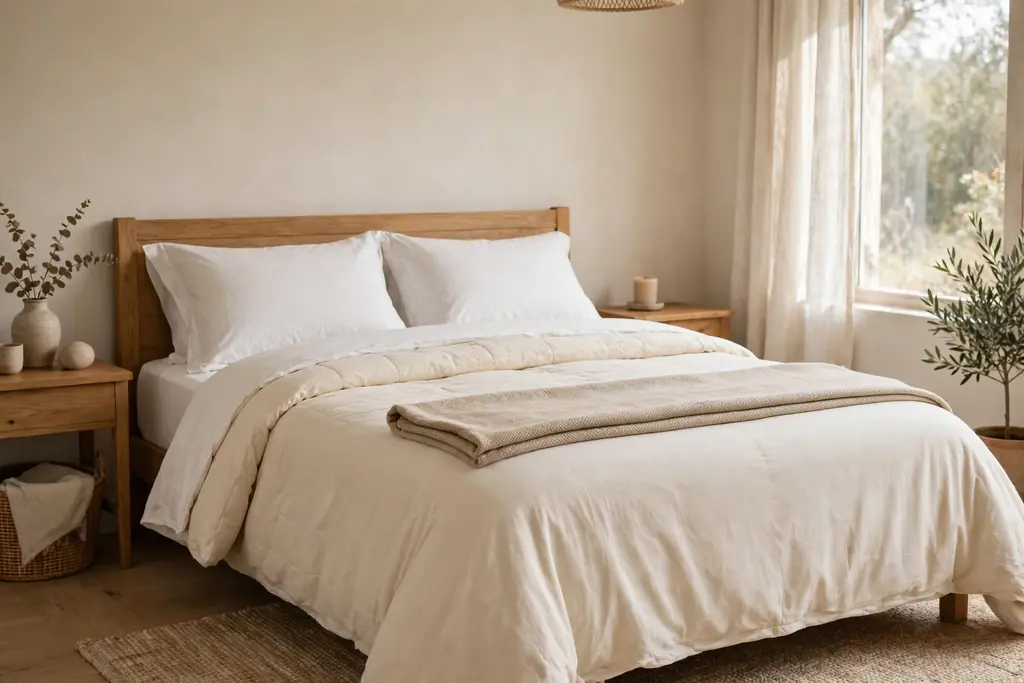 Guest bed made with white sheets, a cream duvet, and a folded beige throw at the foot in a calm bedroom.