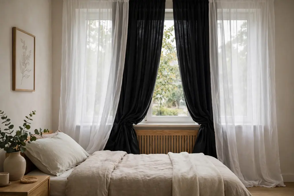 Guest bedroom window with sheer white curtains and heavier blackout curtains drawn partly closed.