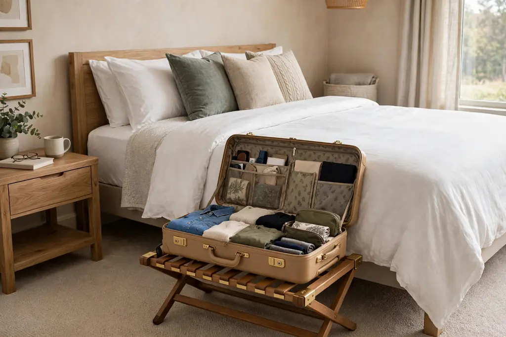 Folding luggage rack with an open suitcase at the foot of a made guest bed.