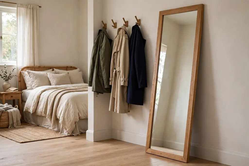 Full-length mirror leaning on a guest bedroom wall with coats hanging on nearby wall hooks.