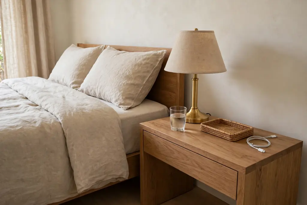 Clear bedside table with a lamp, a glass of water, a small tray, and a phone charging cable.