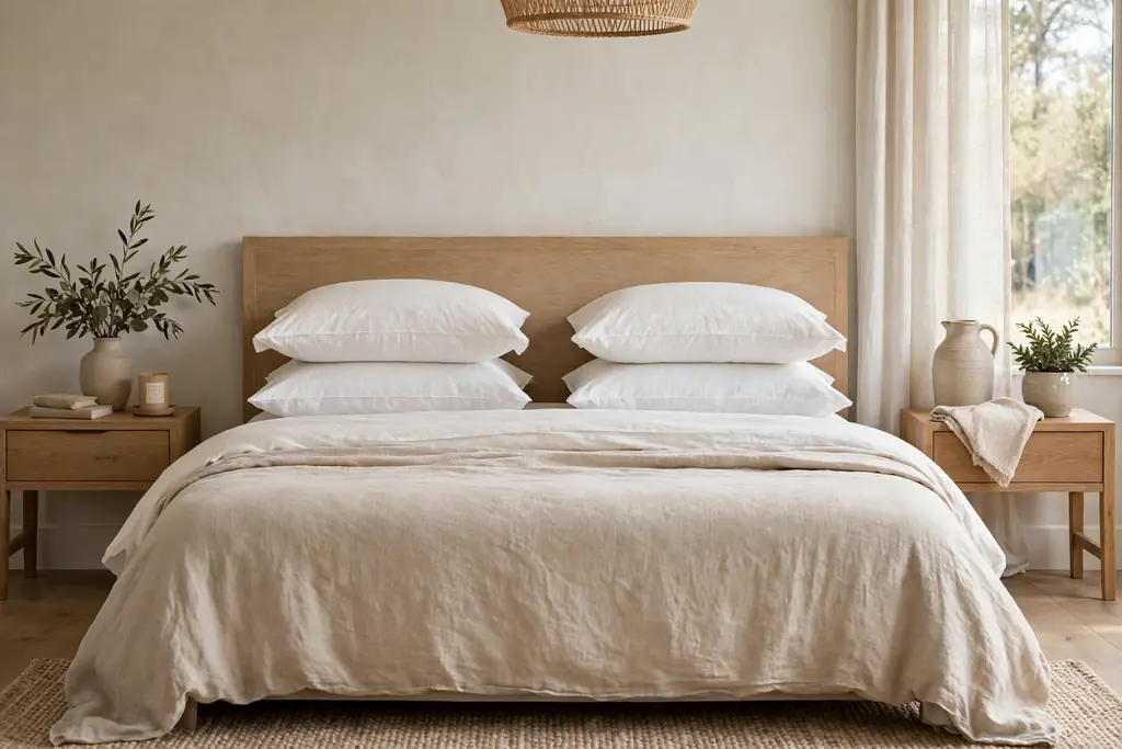 Guest bed with a soft pillow and a firmer pillow stacked on each side in white pillowcases.