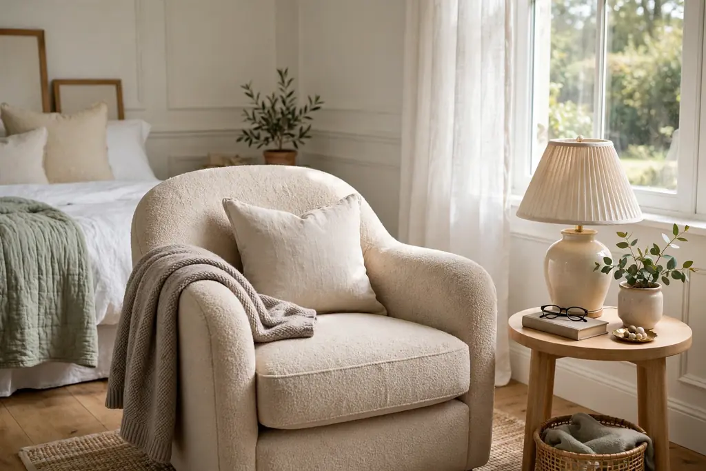 Comfortable armchair with a small side table and a lamp in a bright corner of a guest bedroom.