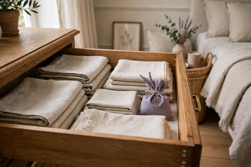 Open drawer with freshly folded linen and a small lavender sachet in a guest bedroom.