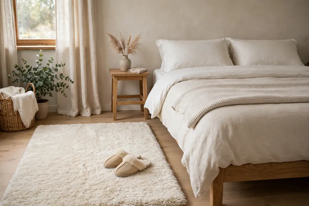 Soft cream rug beside a made guest bed with slippers placed on the rug.