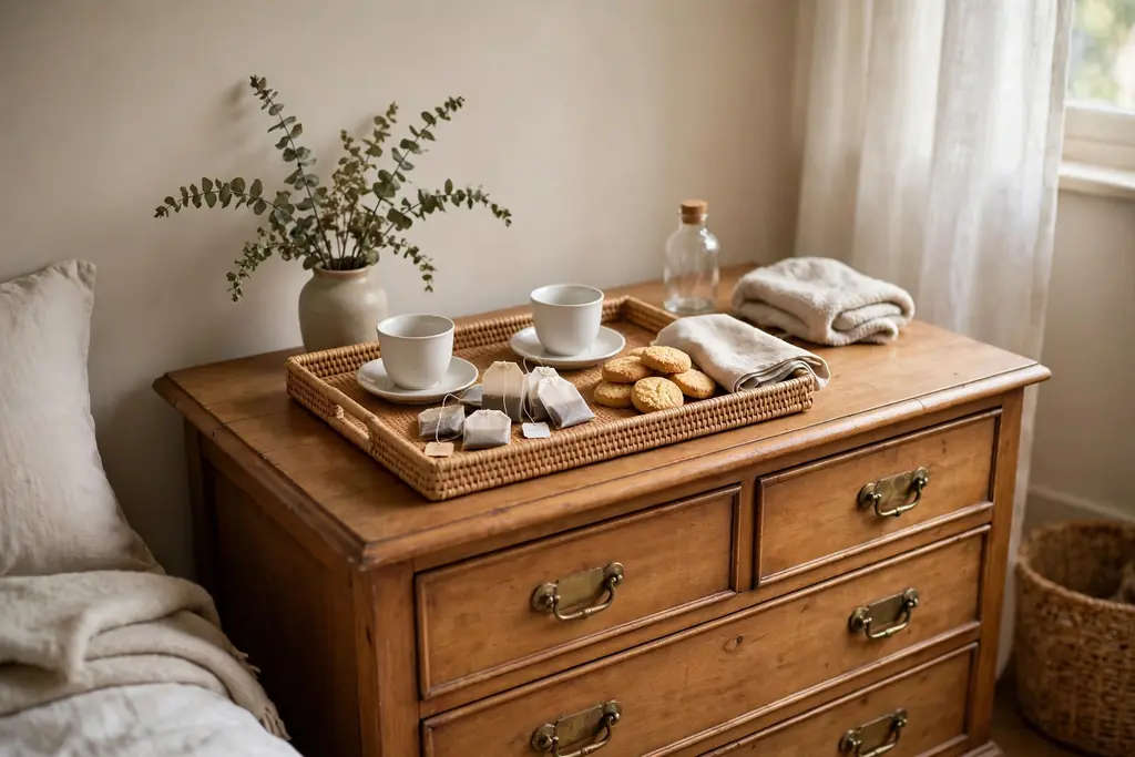 Small tea tray with cups, tea bags, and biscuits on a guest bedroom dresser.