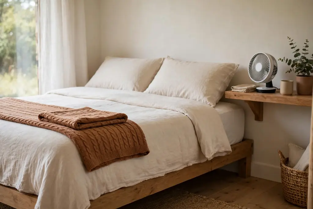 Guest bed with a light cover and a warm throw folded at the foot, with a small fan on a nearby shelf.