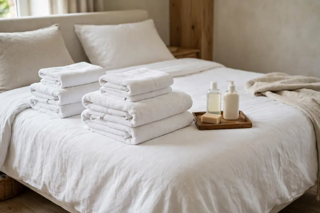 Folded white towels on a guest bed with a small tray of soap, shampoo, and lotion beside them.