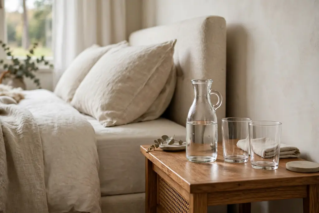 Small glass water carafe and two clean glasses on a bedside table beside a guest bed.