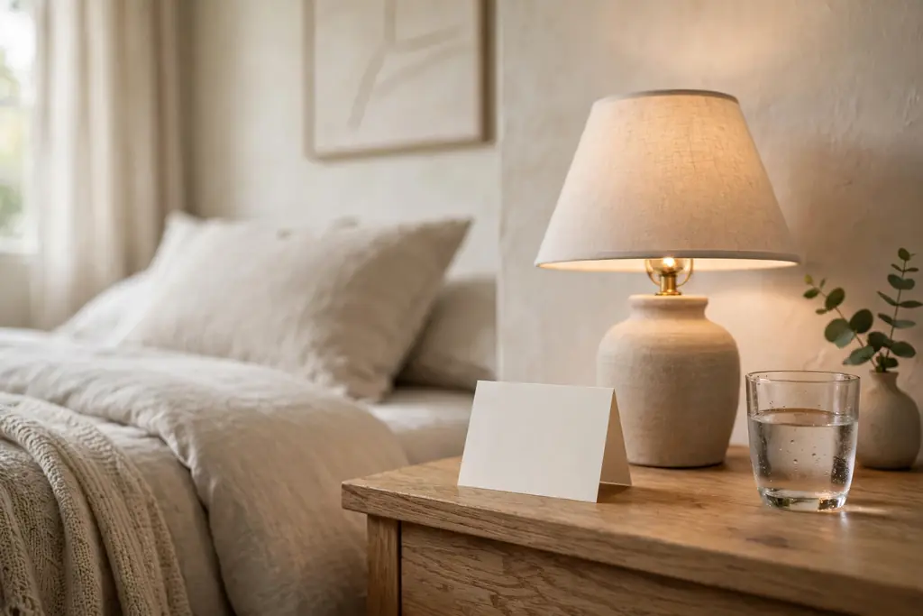 Small welcome card on a bedside table beside a lamp and a glass of water in a guest bedroom.