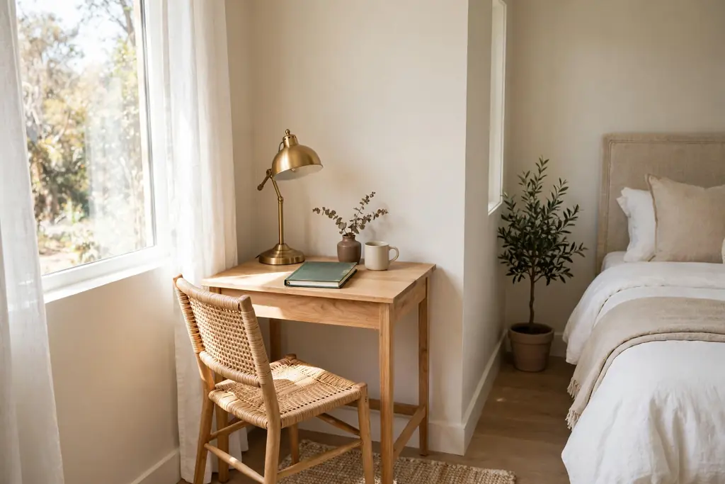 Small desk with a chair, a lamp, and a notebook in a bright corner of a guest bedroom.