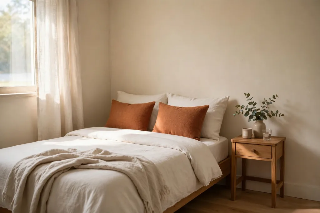 Small bedroom with pale warm walls and rust accent cushions on plain bedding.