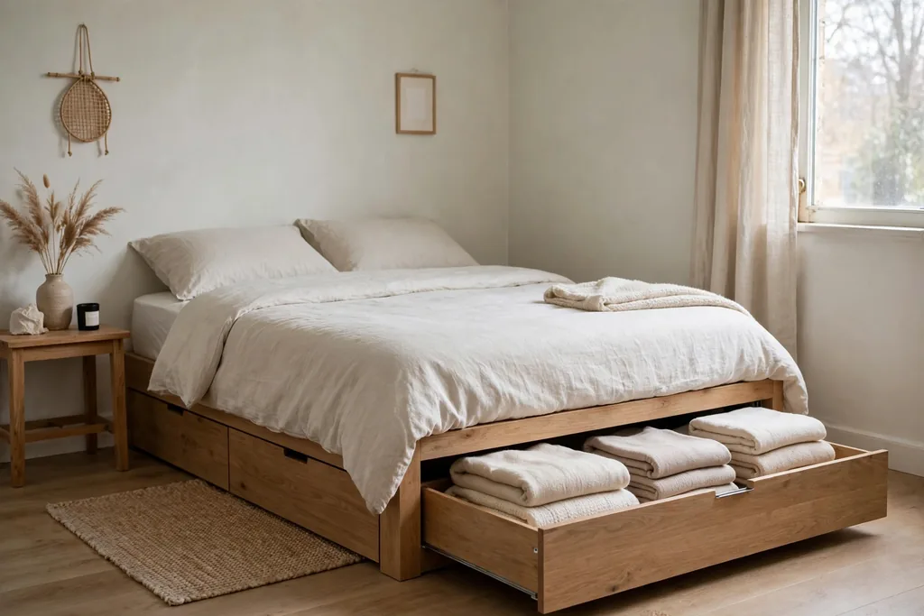 Small bedroom with a storage bed drawer open showing folded blankets.