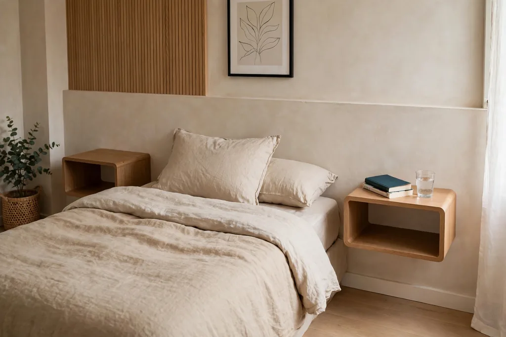 Small bedroom with floating nightstands mounted beside the bed and clear floor below.