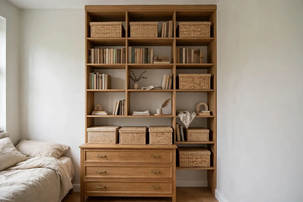 Tall shelves with boxes and books above a dresser in a small bedroom.