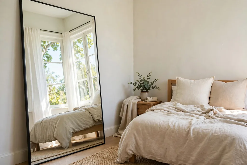 Large mirror reflecting window light in a small bedroom.