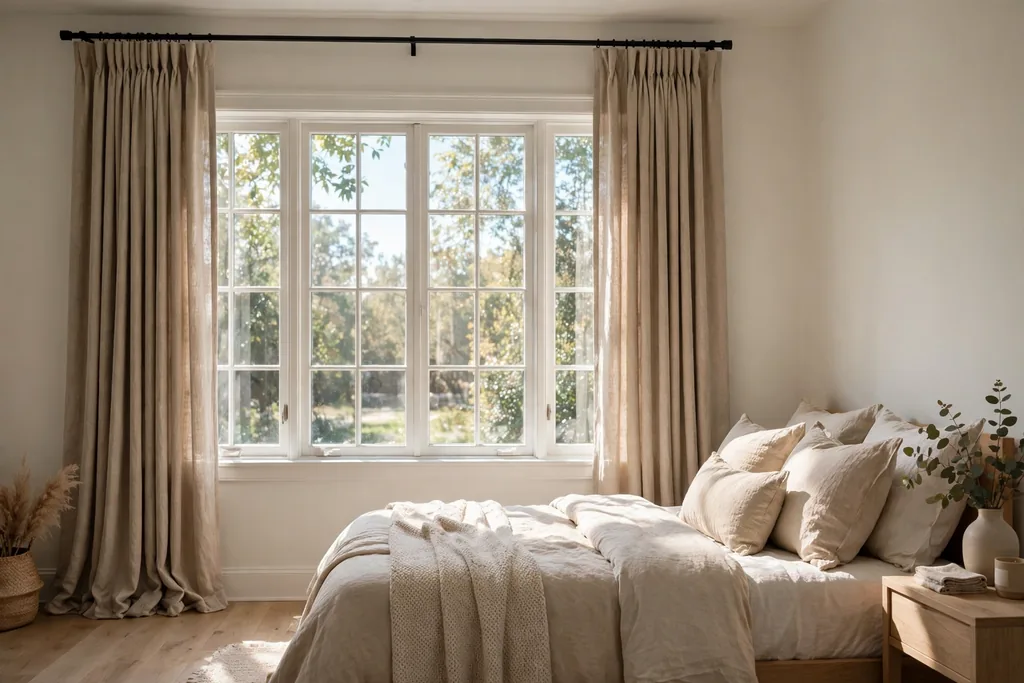 Bedroom window with curtains hung high and wide beside a bed.