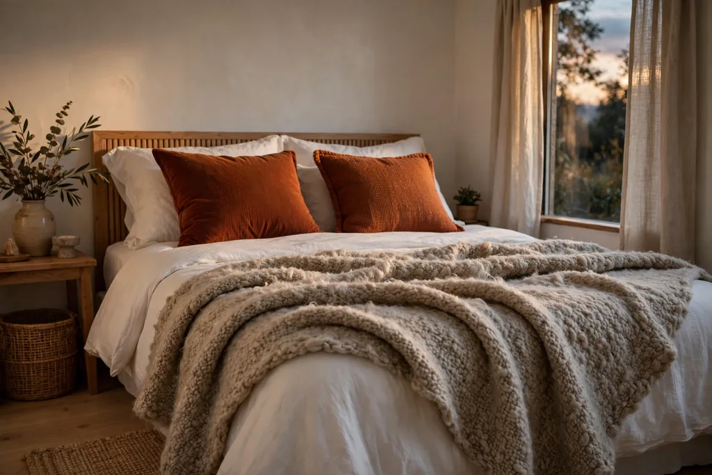 Bed layered with a wool throw and rust cushions in a small bedroom.