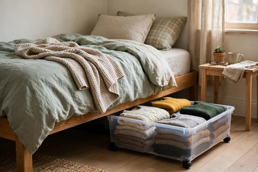 Flat rolling bins under a bed holding folded clothes.