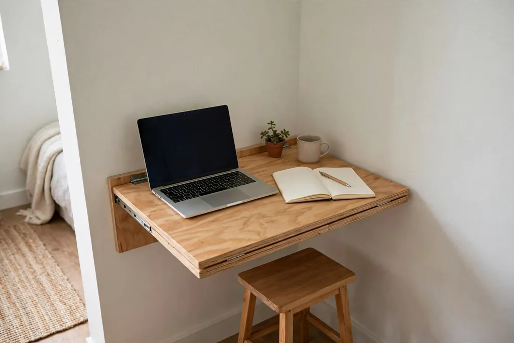 Fold down wall desk open with a laptop in a small bedroom.