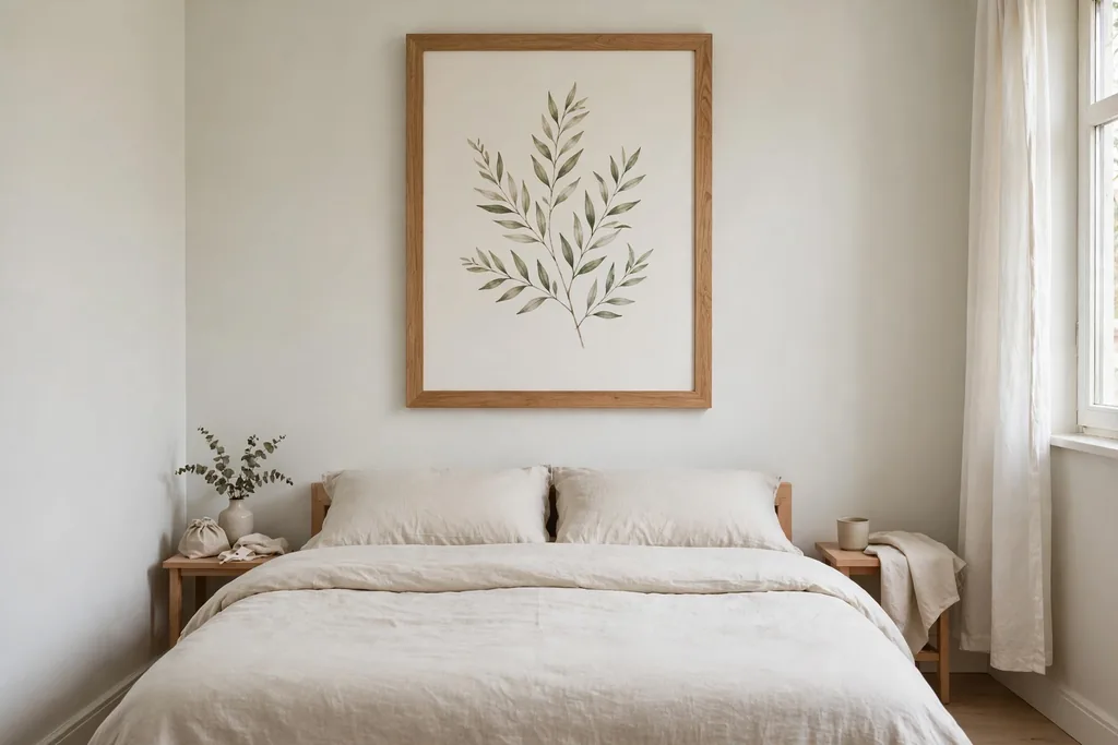 One large framed print above a bed in a small bedroom.
