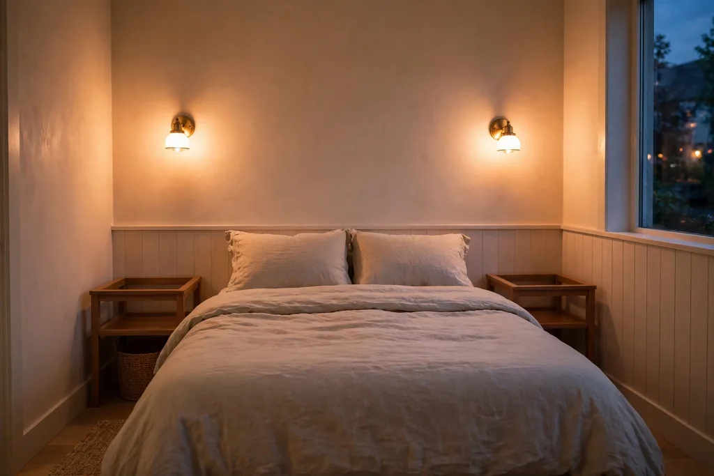 Wall sconces with warm light beside a bed in a small bedroom.
